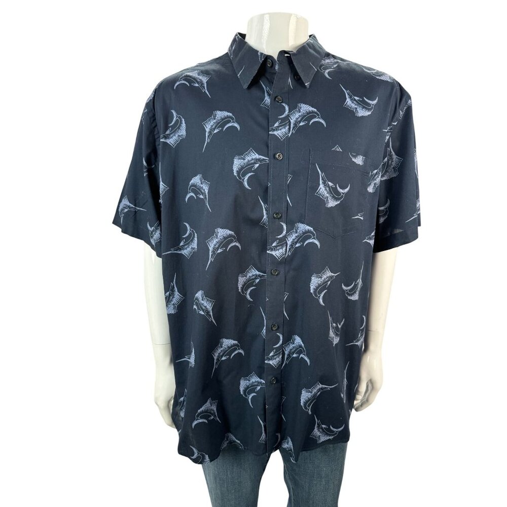Old Navy Mens Classic Shirt XXL Slim Fit Navy With SailFish Print Cotton